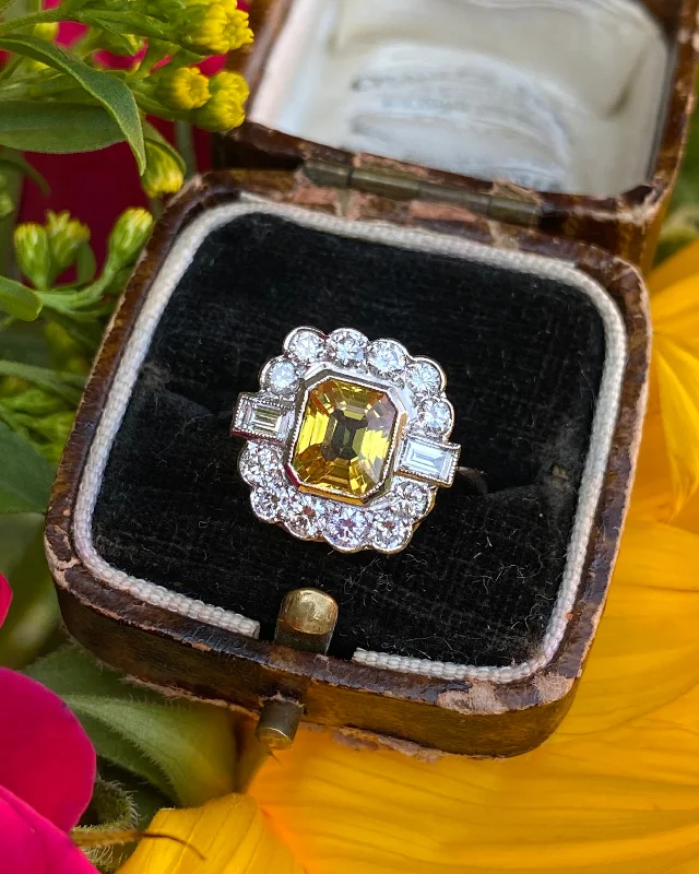 women affordable engagement rings -Yellow Sapphire and Diamond Cluster Platinum Ring 0.80ct + 1.60ct