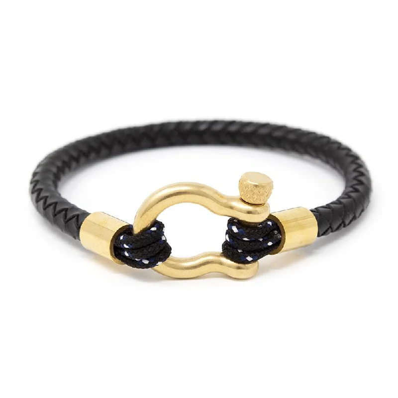 women double band bracelets -Men's Braided Leather Bracelet with Gold Tone Shackle Black Medium