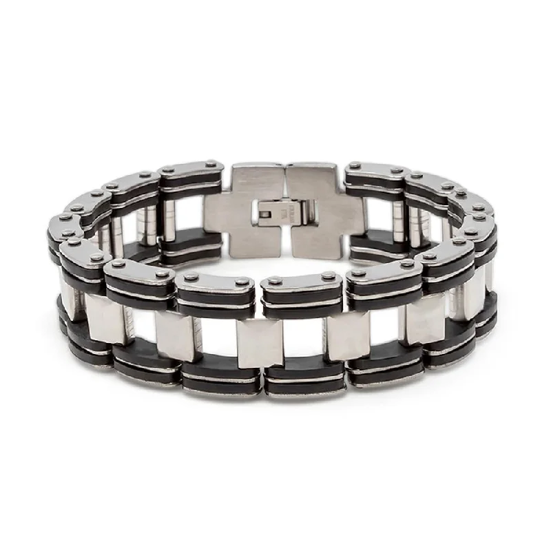 women chunky bracelets -Stainless Steel Rubber Men's Bracelet with Spacer Links