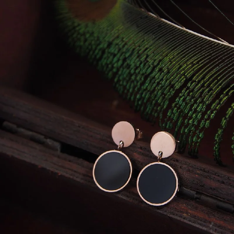 women multicolor earrings -Tarohi JewelsStainless Steel Rosegold Plated Black Disc Drop Earring-STNER 2883