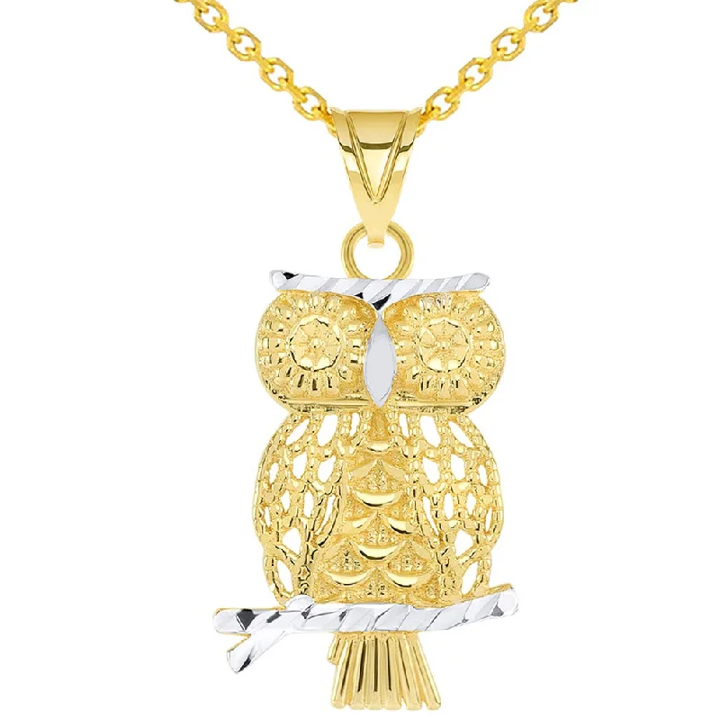 women art nouveau necklaces -14K Yellow Gold Textured Milgrain Edged Two-Tone Owl Pendant Necklace