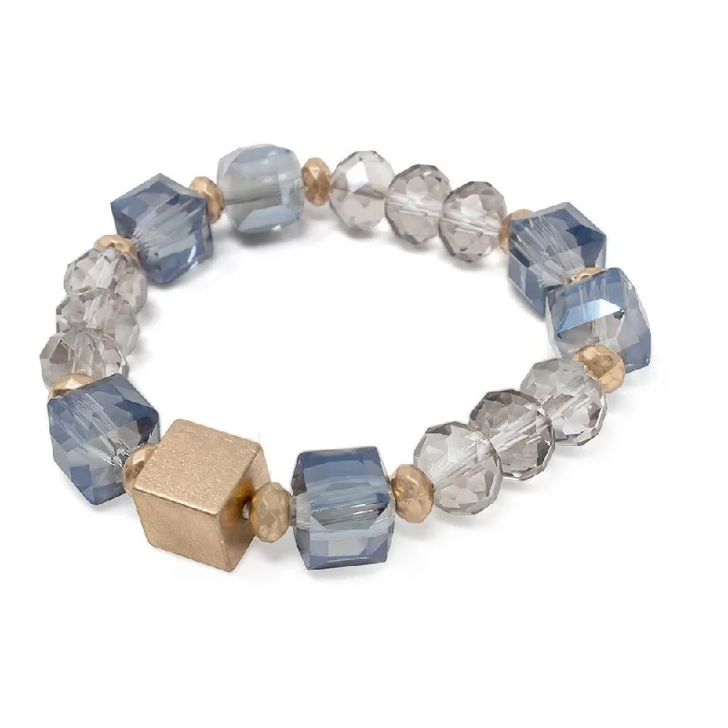 women stackable bracelets -Blue Glass Beaded Stretch Bracelet with Gold Tone Cube