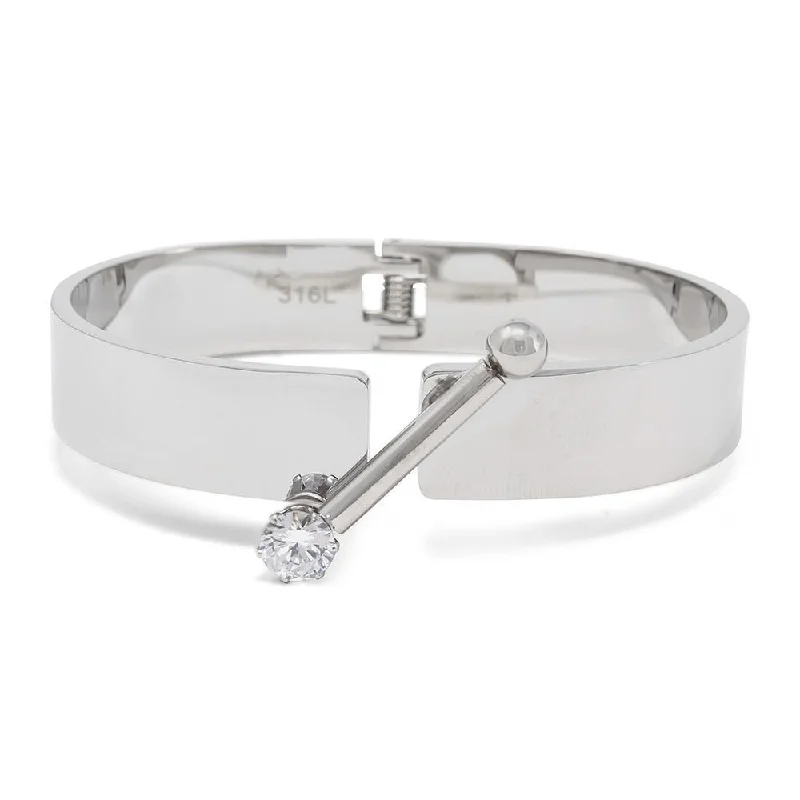 women crystal bangles -Stainless Steel Hinged Bracelet with Crystal Bar