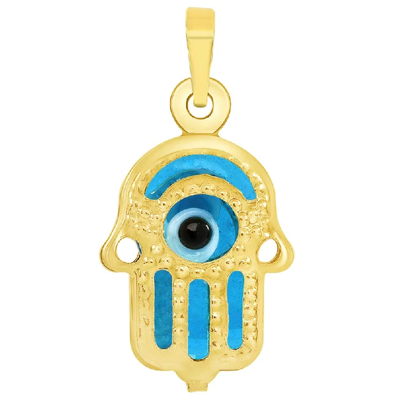 women chunky necklaces -14k Gold Mini Blue Evil Eye Hamsa Hand Charm Pendant - Yellow Gold