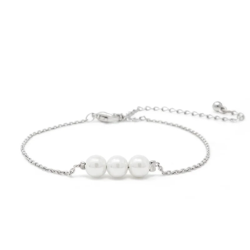 women multicolor bangles -Bracelet Three Pearl Station Silver Tone