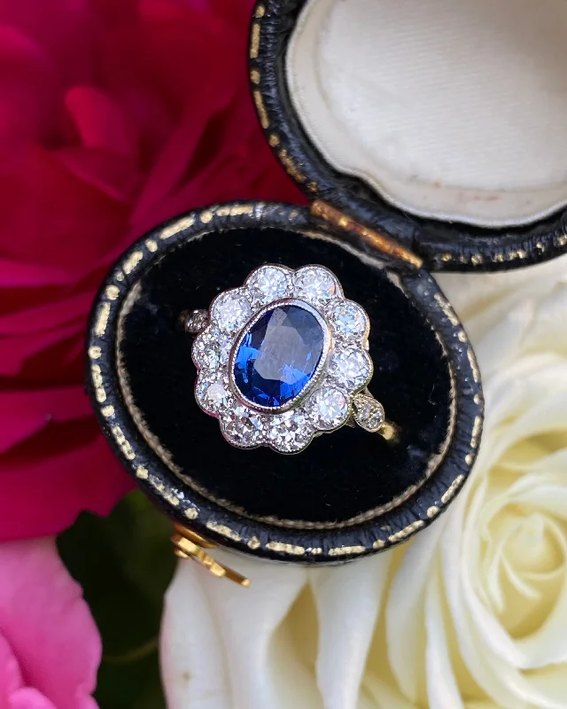 women personalized gemstone rings -Victorian Sapphire and Diamond Cluster 18ct Yellow Gold Ring 0.90ct + 1.30ct