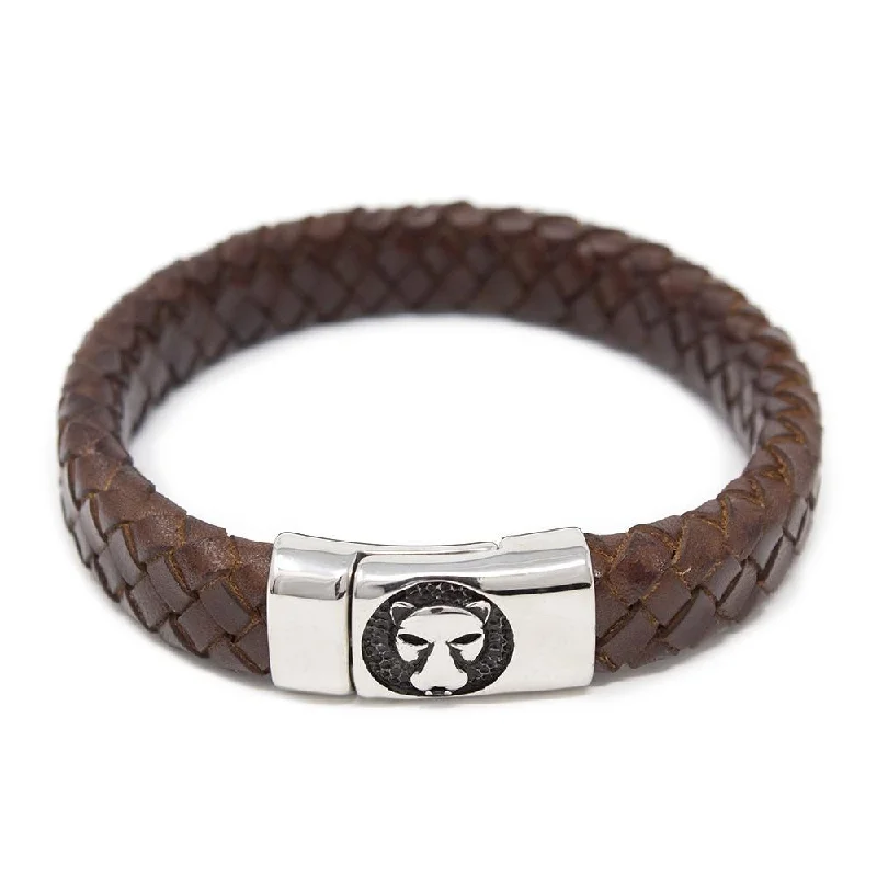 women personalized bracelets -Braided Leather Bracelet with Lion Clasp Brown Large