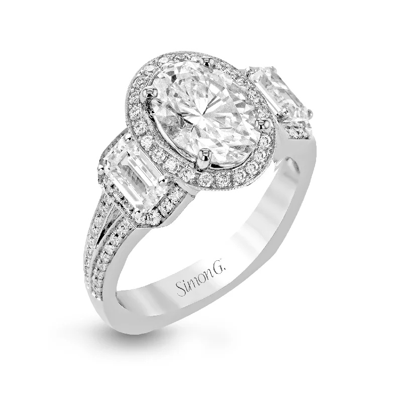 diamond engagement rings -Oval-Cut Three-Stone Halo Engagement Ring In 18k Gold With Diamonds