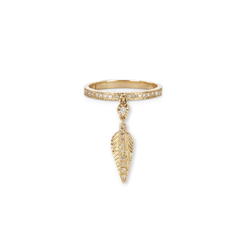 women gold rings -SOPHIA DIAMOND + TINY FEATHER DANGLE PAVE RING