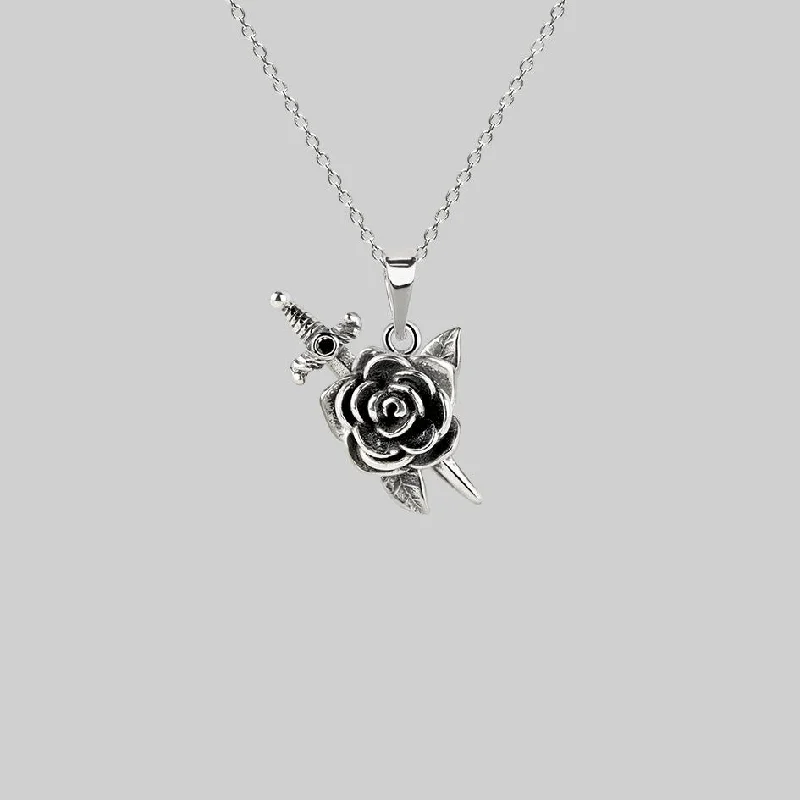 women layered gold necklaces -RHAPSODY. Dagger Through Rose Necklace - Silver