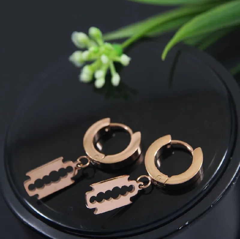 women oversized stud earrings -Tarohi JewelsStainless Steel Rosegold Plated Razor Blade Shaped Hoops Earring- STNER 4060