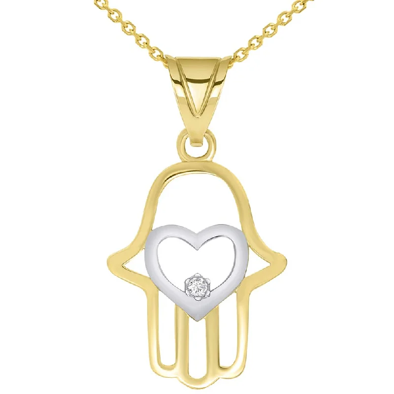 women designer necklaces -14k Yellow Gold CZ Heart Two Tone Hamsa Hand Charm Pendant Necklace Available with Rolo, Curb, or Figaro Chain