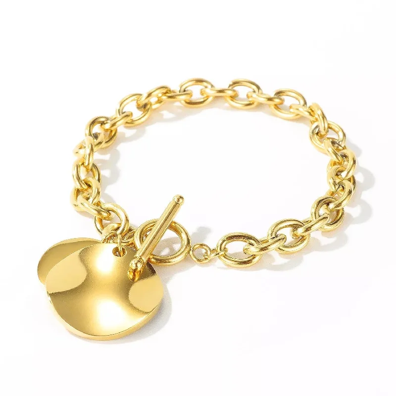 women cuff bangles -Stainless Steel Disc Charm Toggle Clasp Chain Bracelet Gold Plated