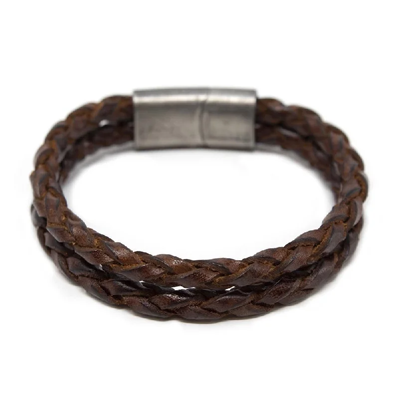 women gold bangles -Two Row Braided Leather Bracelet W Puzzle Clasp Brown