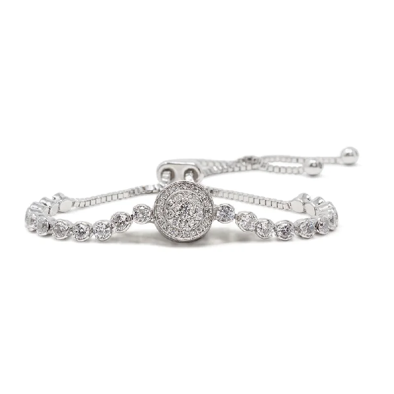 women fashion bangles set -Rhodium Plated Slide Tennis Bracelet Round Pave CZ Station