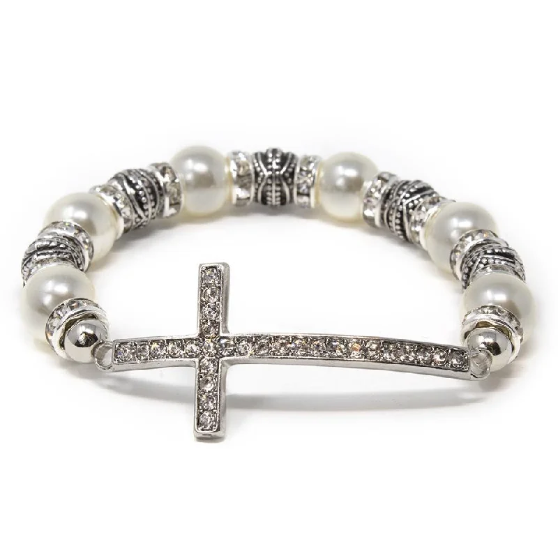 women adjustable bracelets -Stretch Bracelet Cross - Pearl Silver Tone