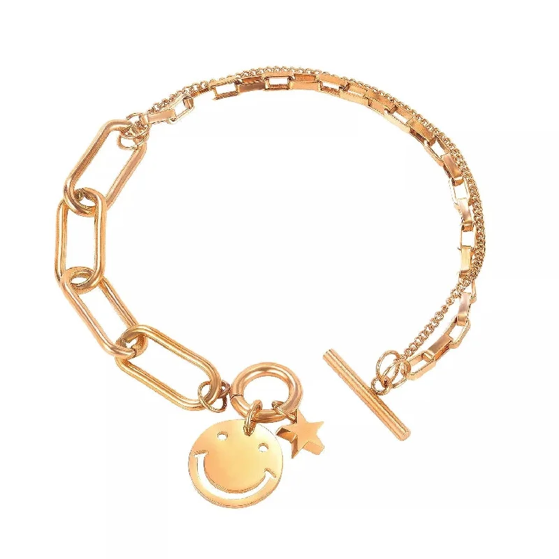 women chunky gold bracelets -Stainless Steel Happy Face Charm Bracelet Rose Gold Plated