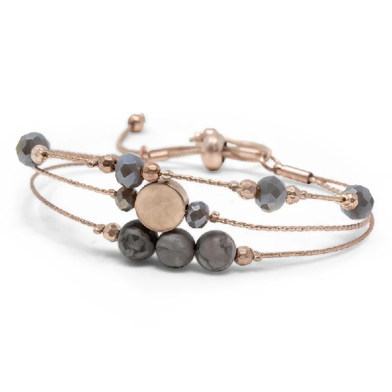 women hammered bangles -Rose Gold Adjustable Three Row Bead Bracelet Grey