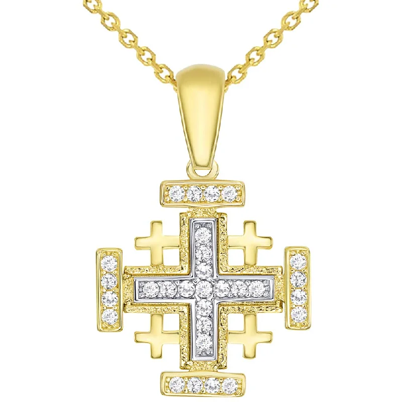 women adjustable necklaces -14k Solid Yellow Gold CZ Crusaders Jerusalem Cross Pendant Necklace Available with Rolo, Curb, or Figaro Chain