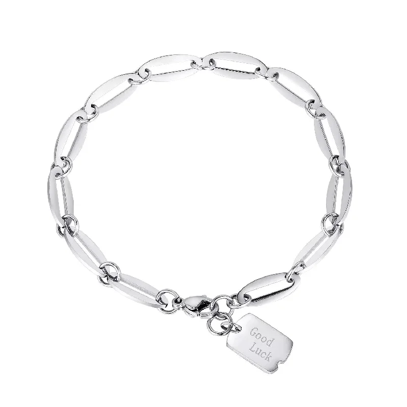 women engraved bangle bracelets -Stainless Steel Good Luck Link Bracelet