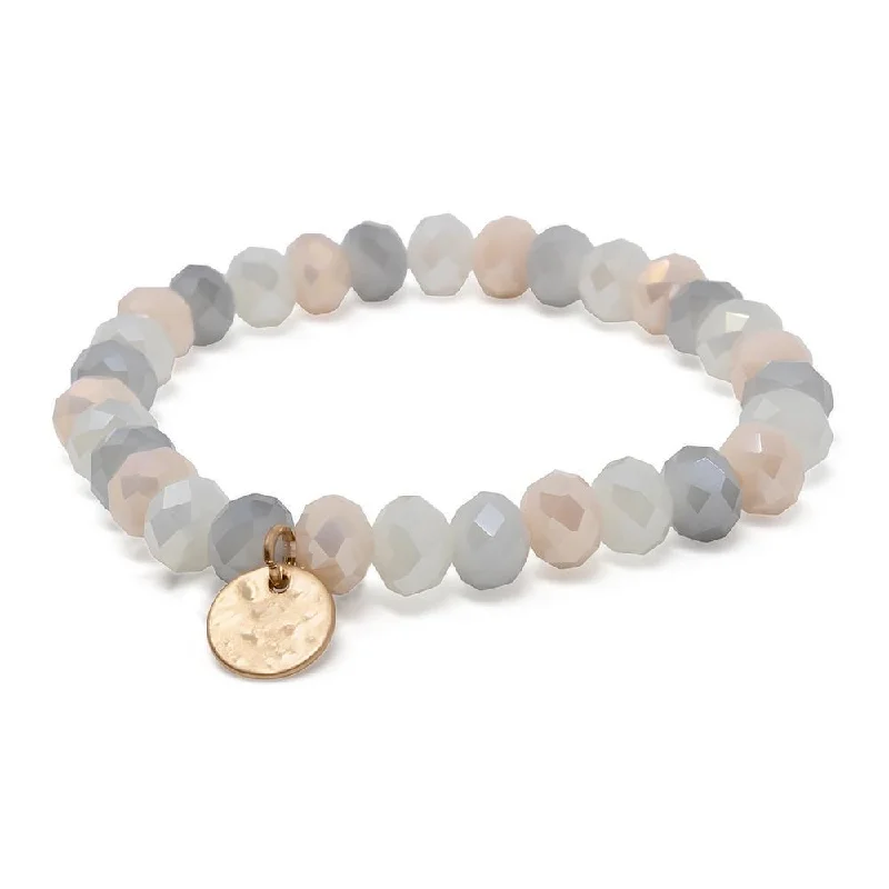 women stacking charm bracelets -Grey/Pink Glass Bead Bracelet with Disc Charm Gold Tone