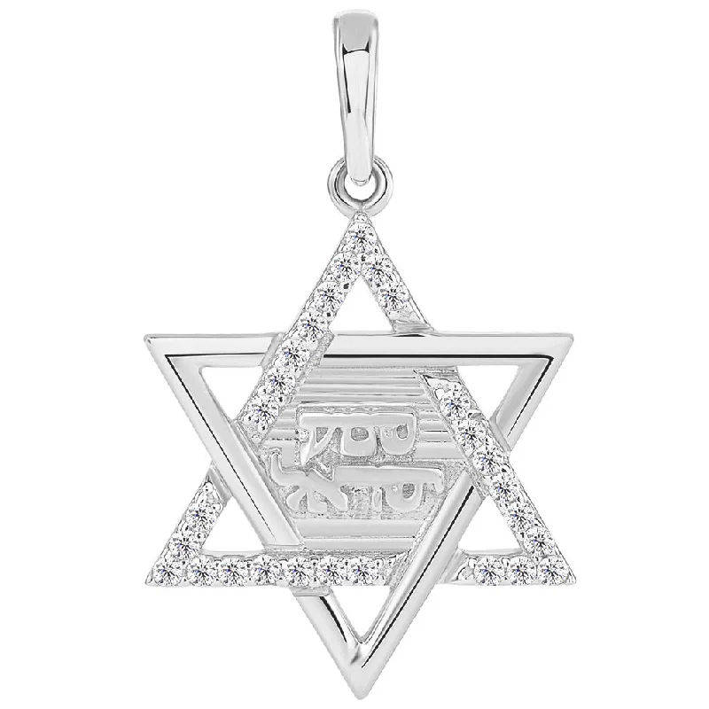 women pearl pendant necklaces -Solid 14K White Gold Hebrew Shema Yisrael CZ Star of David Pendant