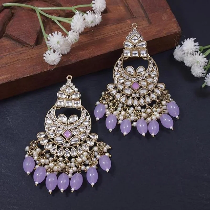 women luxury earrings -Etnico Gold Plated Traditional Meenakari Kundans & Pearls Chandbali Earrings For Women (E3158Pu)