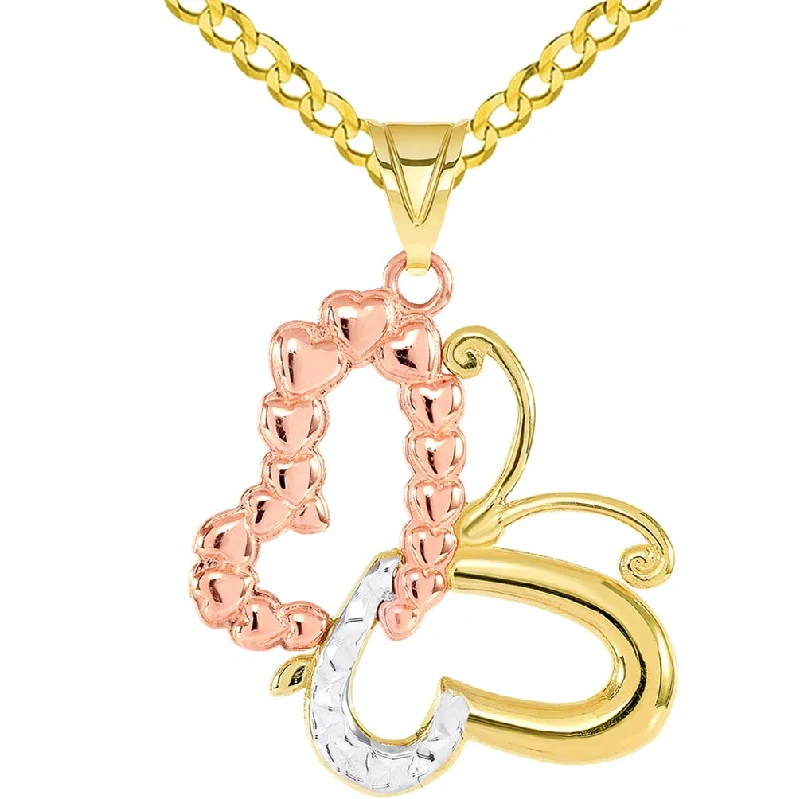 women designer gold necklaces -14k Yellow Gold and Rose Gold Dangling Sideways Tri-Tone Open Heart Butterfly Pendant Curb Chain Necklace