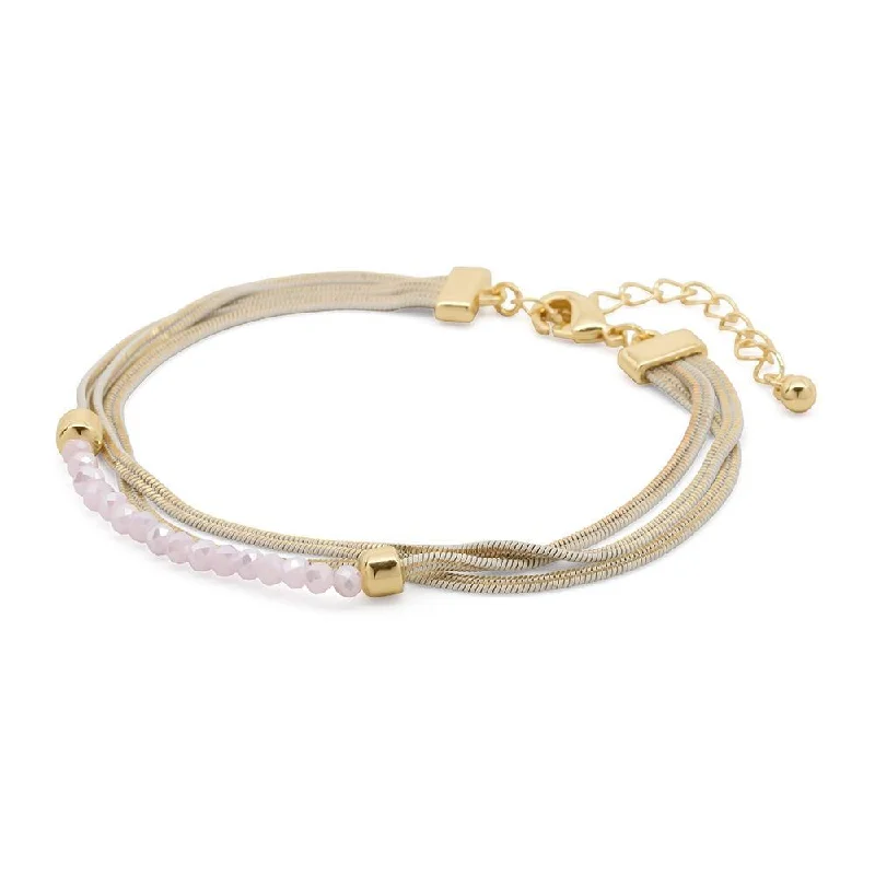 women multi-strand bracelets -Liquid Metal Bracelet with Pink Glass Beads Gold/White