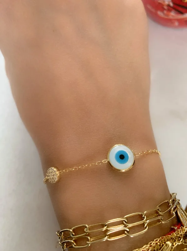 women cuff bracelets -Mother of Pearl Evil Eye with Crystal Disc Bracelet