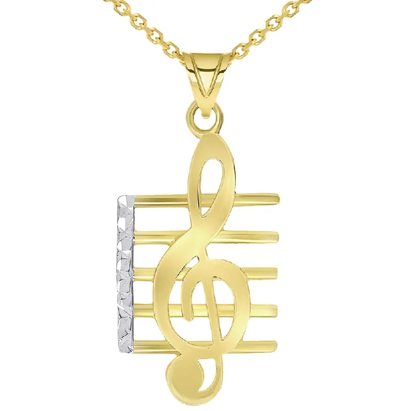 women long chain necklaces -14k Yellow Gold Textured G Clef Musical Note On Staff Pendant Necklace with Cable, Curb, or Figaro Chain