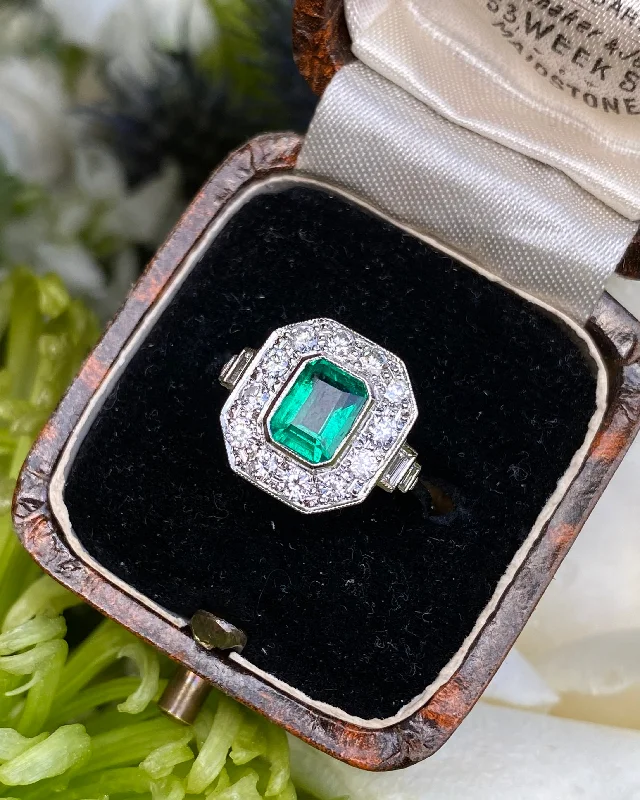 women eternity rings -Art Deco Emerald and Diamond Cluster Platinum Ring 0.75ct + 1.0ct