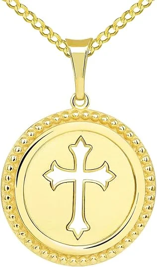 women gemstone pendant necklaces -14k Gold Reversible Open Christian Cross Medallion Pendant with Cuban Concave Curb Necklace - Yellow Gold