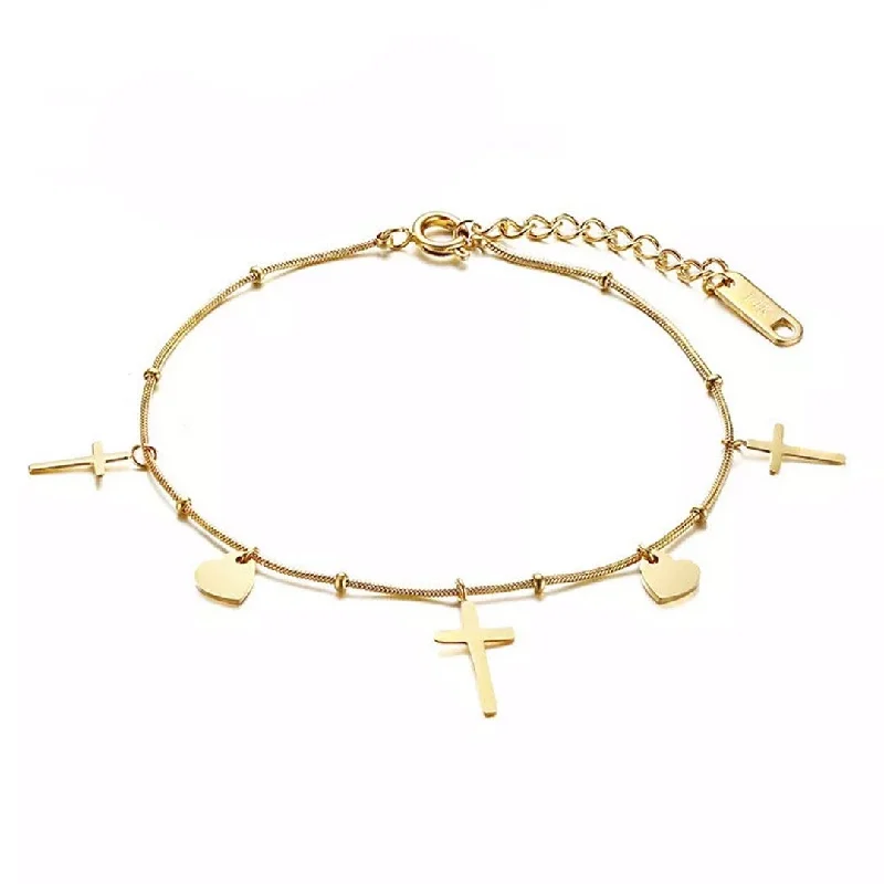 women fashion bangles set -Stainless Steel Cross Heart Charms Bracelet Gold Plated