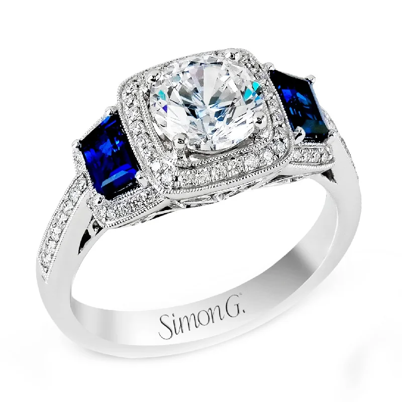 custom engraved engagement rings -Round-Cut Three-Stone Halo Engagement Ring In 18k Gold With Diamonds & Sapphires