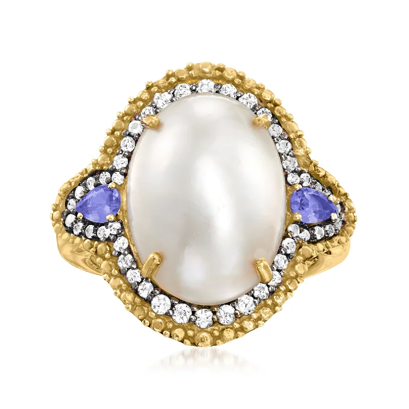 engagement rings with colored stones -Ross-Simons 12x16mm Cultured Mabe Pearl and . Tanzanite Ring With . White Topaz in 18kt Gold Over Sterling