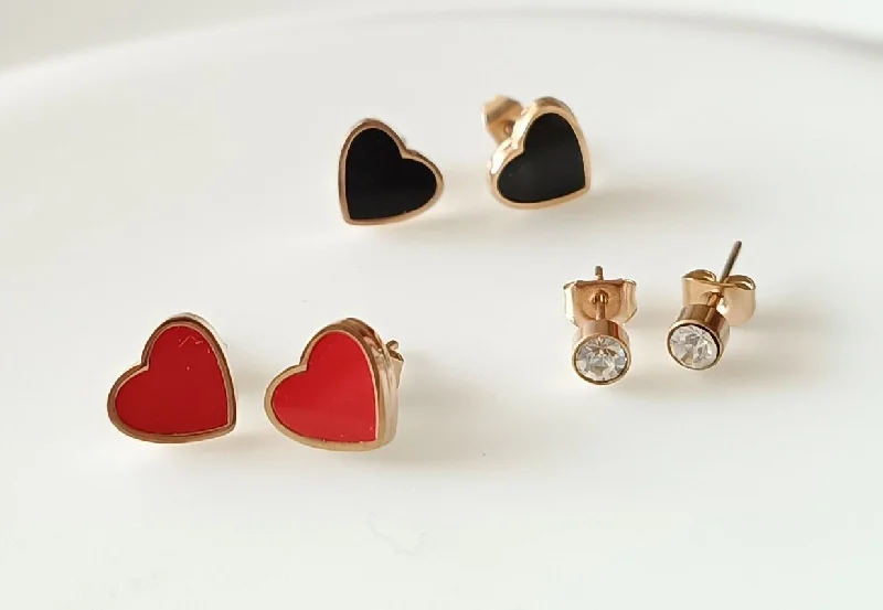 women heart earrings -Tarohi JewelsStainless Steel Rosegold Plated Three Pair Stud & Heart Shaped Earring-STNER 2557