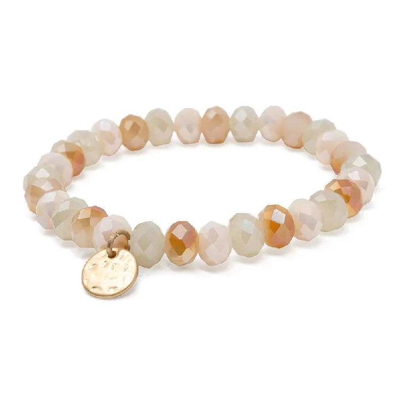 women bracelets -Cream/Peach Glass Bead Bracelet with Disc Charm Gold Tone