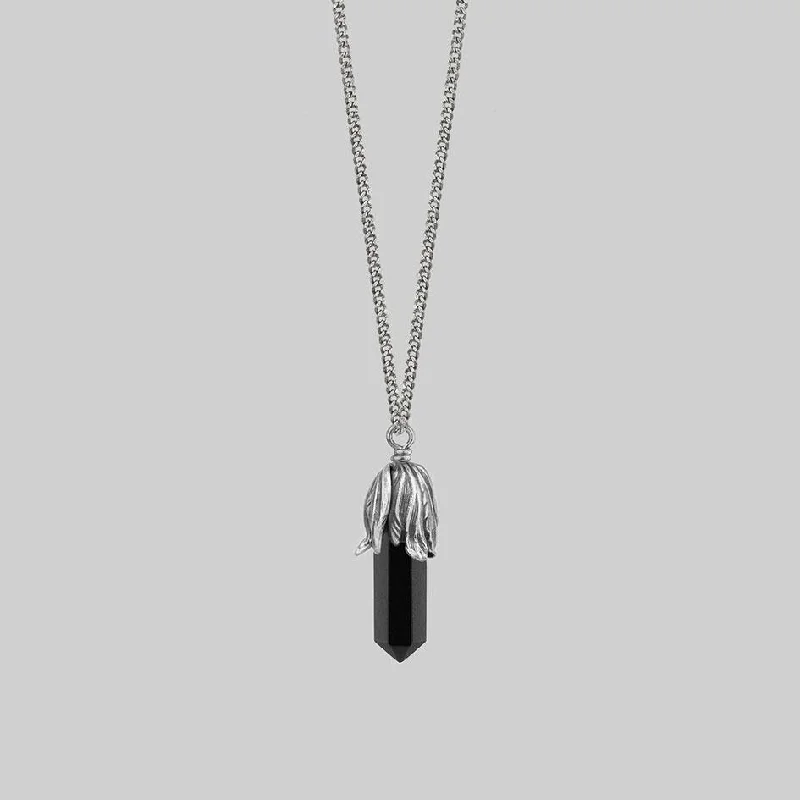 women inspirational necklaces -DEATH BLOOM. Black Agate Gemstone Necklace - Silver