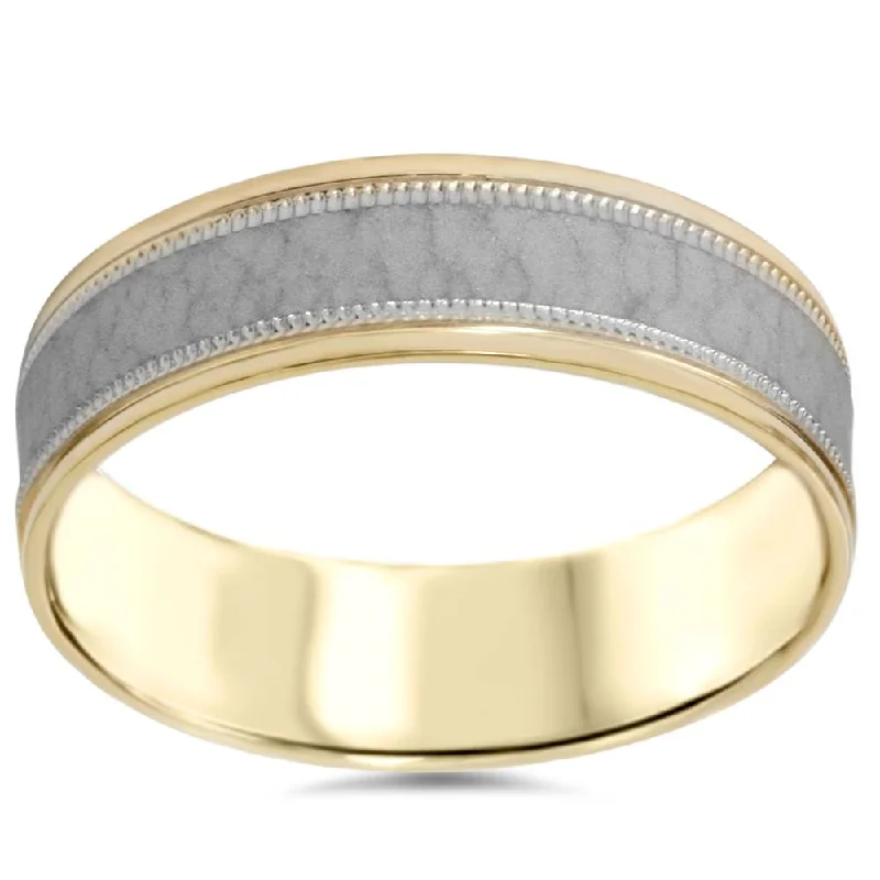 modern engagement rings -Hammered Two Tone Wedding Band 14K Gold 6mm Flat