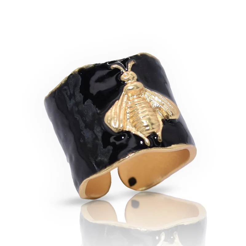 women cushion cut rings -Bumblebee Ring in Black Enamel