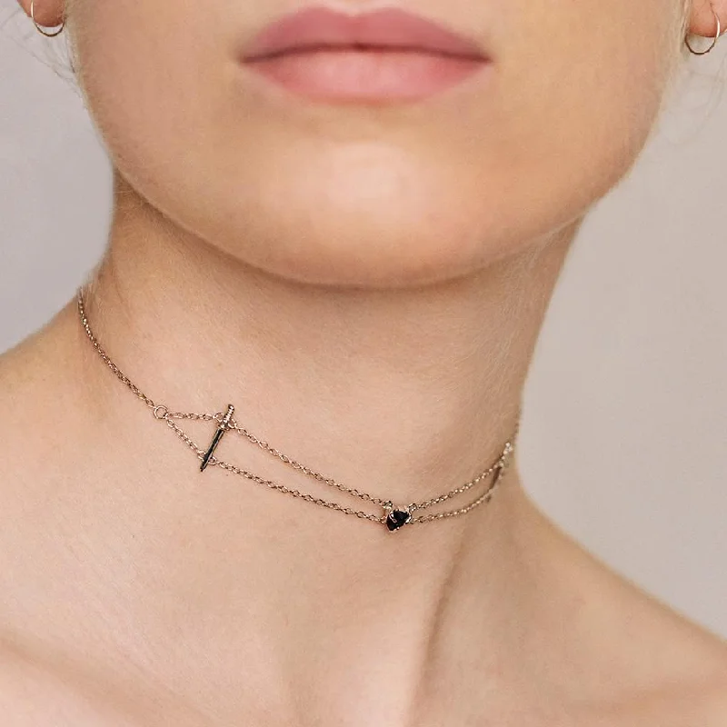 women long chain necklaces -VINDICATE. Swords & Onyx Heart Choker - Silver