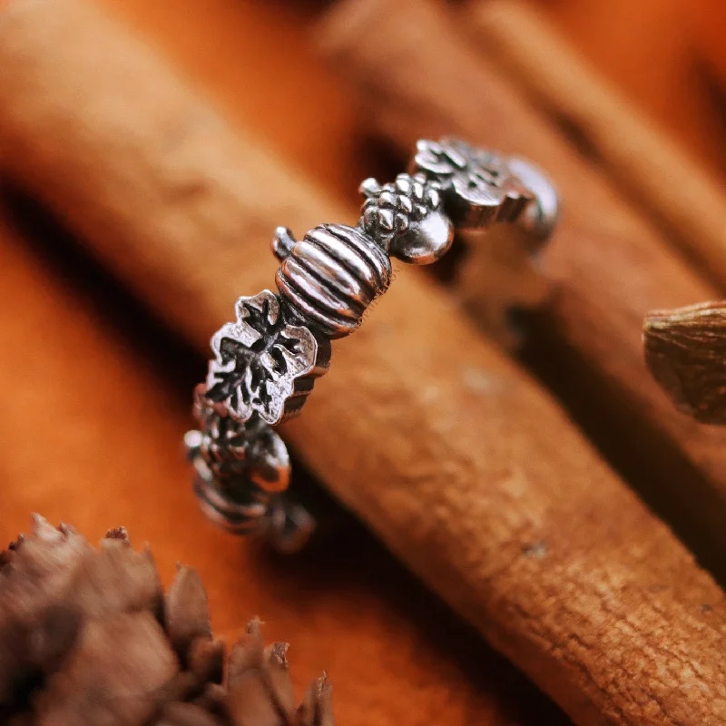 women delicate rings -Autumn Is Calling Pumpkin & Acorn Boho Wreath Ring