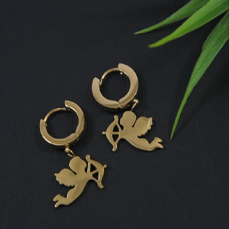 women unique gemstone earrings -Tarohi JewelsStainless Steel Gold Plated Lovely Cupid Angel Hoops Earring- STNER 3889