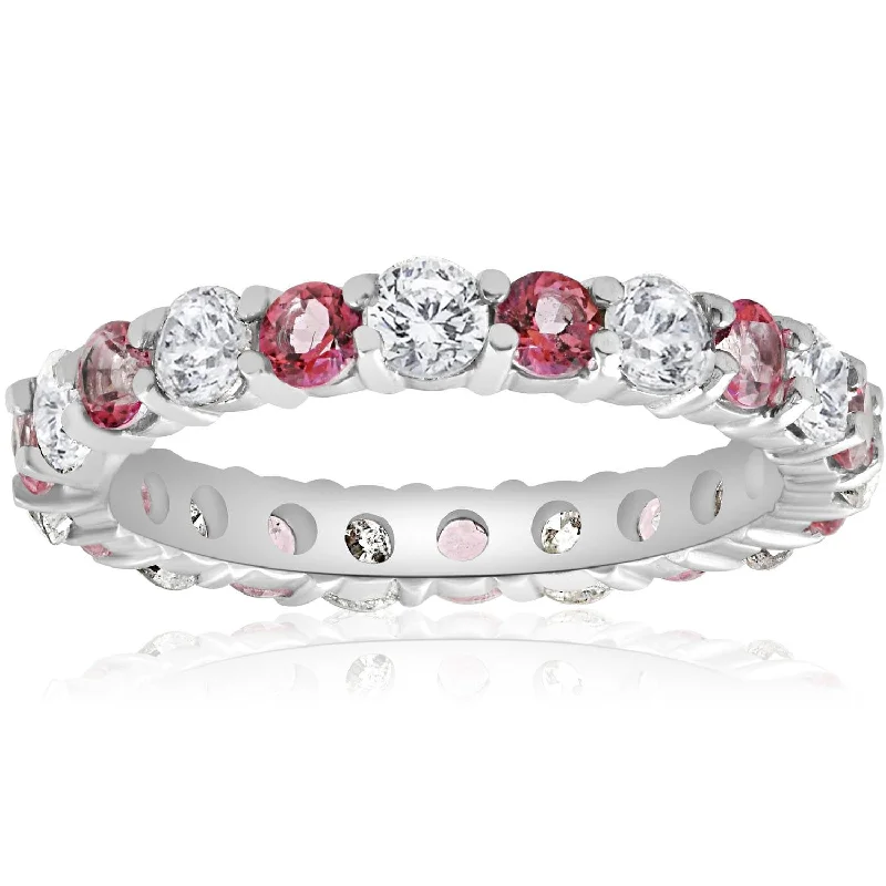 cushion cut halo engagement rings -2 CT Diamond & Pink Topaz Eternity Ring 14K White Gold