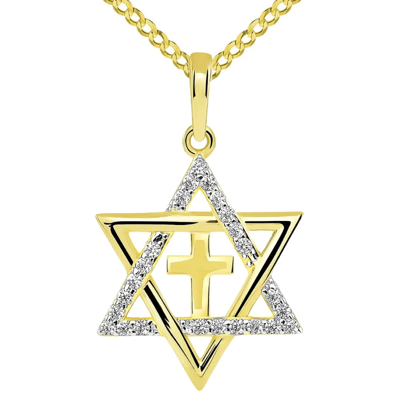 women inspirational necklaces -14k Gold CZ Star of David with Religious Cross Judeo Christian Pendant Cuban Necklace - Yellow Gold