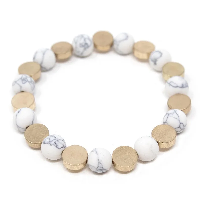 women fashion bangles -Stretch Bracelet Semi Precious Bead Gold Disc White