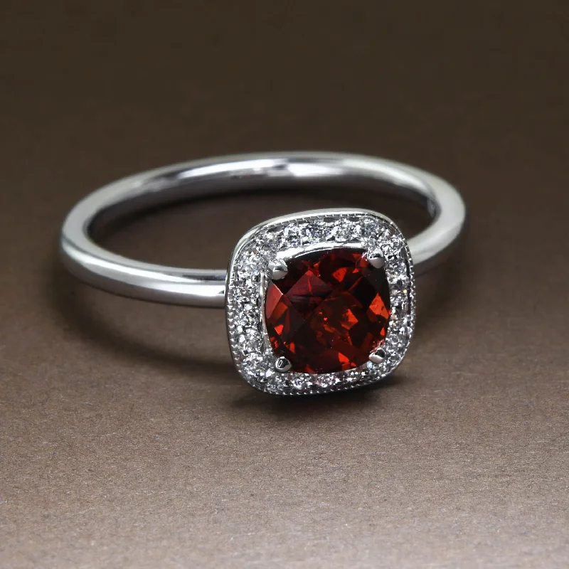 women custom engraved rings -Red Garnet Halo Ring