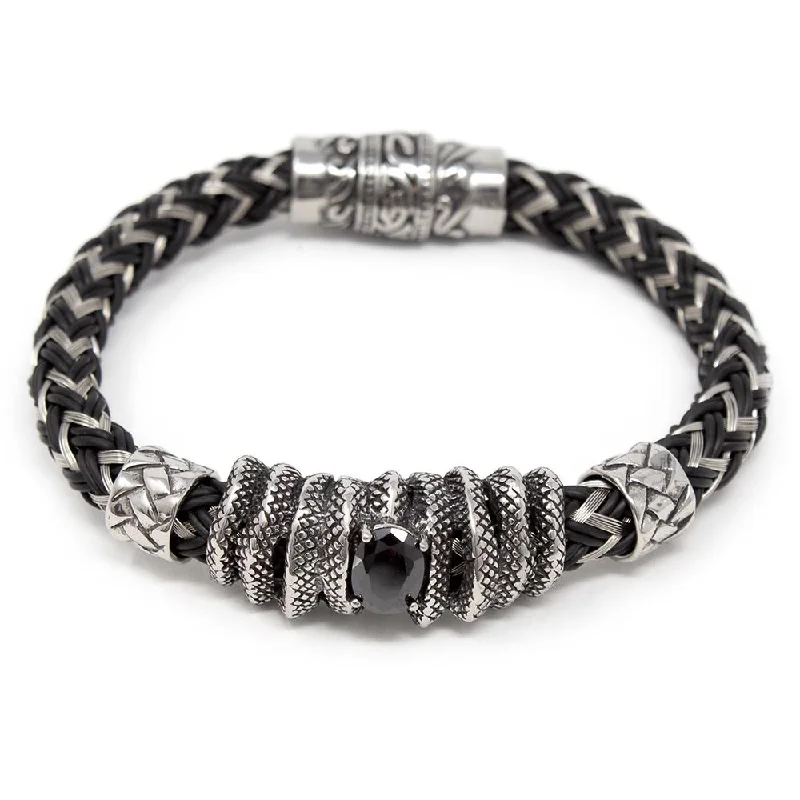 women adjustable charm bracelets -Stainless Steel Rubber Braided Bracelet with Jet CZ