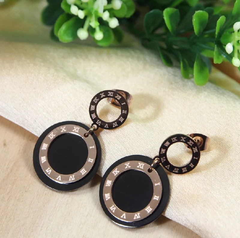 women gemstone stud earrings -Tarohi JewelsStainless Steel Rosegold Plated Roman Numerals Inlaid Black Disc Earring-STNER 2732